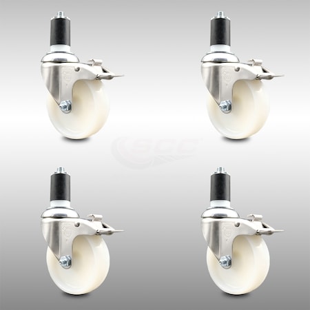 Service Caster 4 Inch 316SS Nylon Wheel Swivel 1-5/8 Inch Expanding Stem Caster Set Lock Brake SCC-SS316TTLEX20S414-NYS-158-4